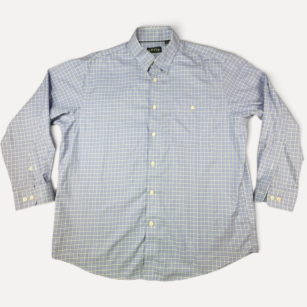 Orvis Mens XL Blue Green Micro Check Plaid Long Sleeve Button Down Shirt